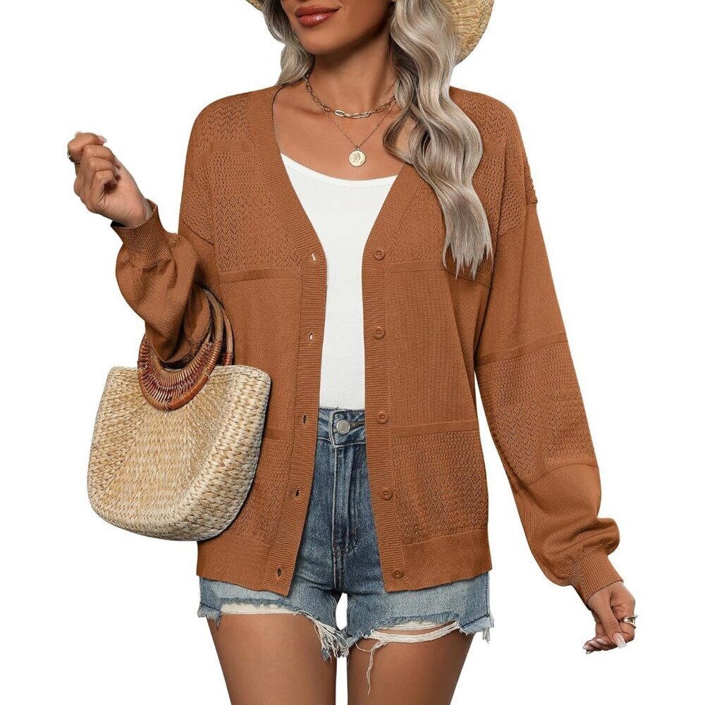 Womens Lightweight Crochet Cardigan Long Sleeve V Neck Button Top Casual